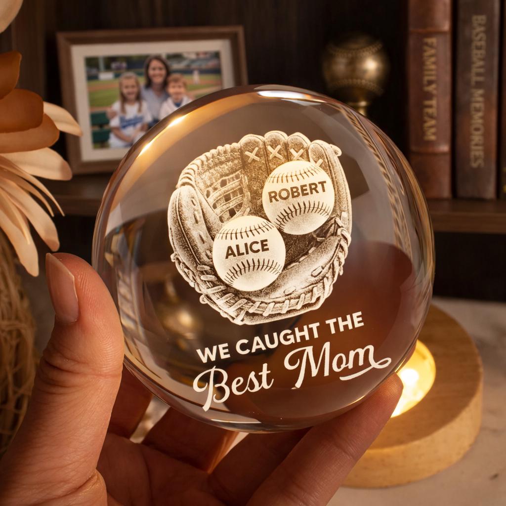 Baseball Softball Glove We Caught The Best Mom, Personalized Crystal Ball LED Night Light, Mothers Day Gift For Baseball Mom, Mom Coach Gift