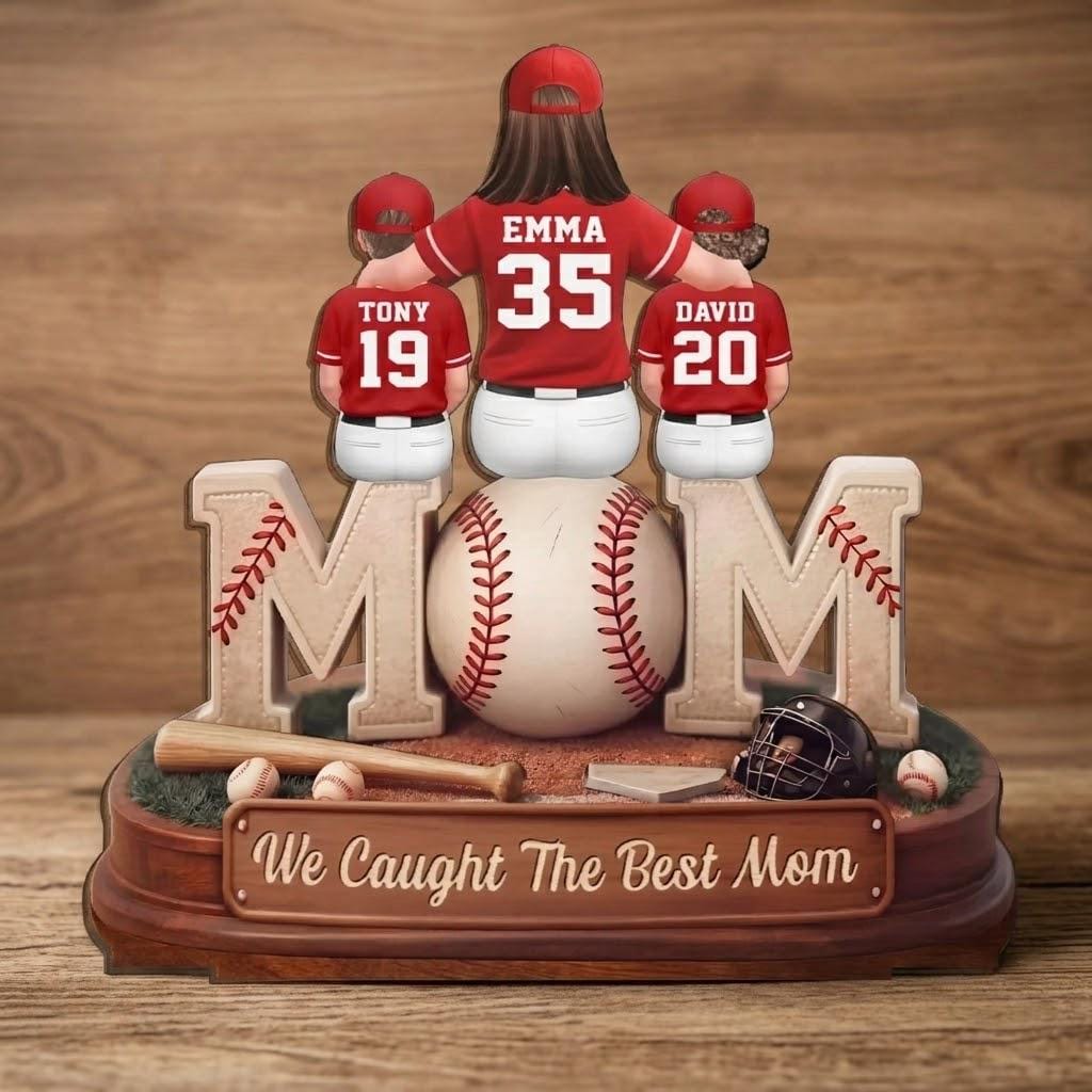 Baseball, Softball Mom And Kids Personalized Standing Wooden Sign, Mothers Day Gift For Wife, Gift For Mom, Mom Coach Gift, 2-Layered Plaque