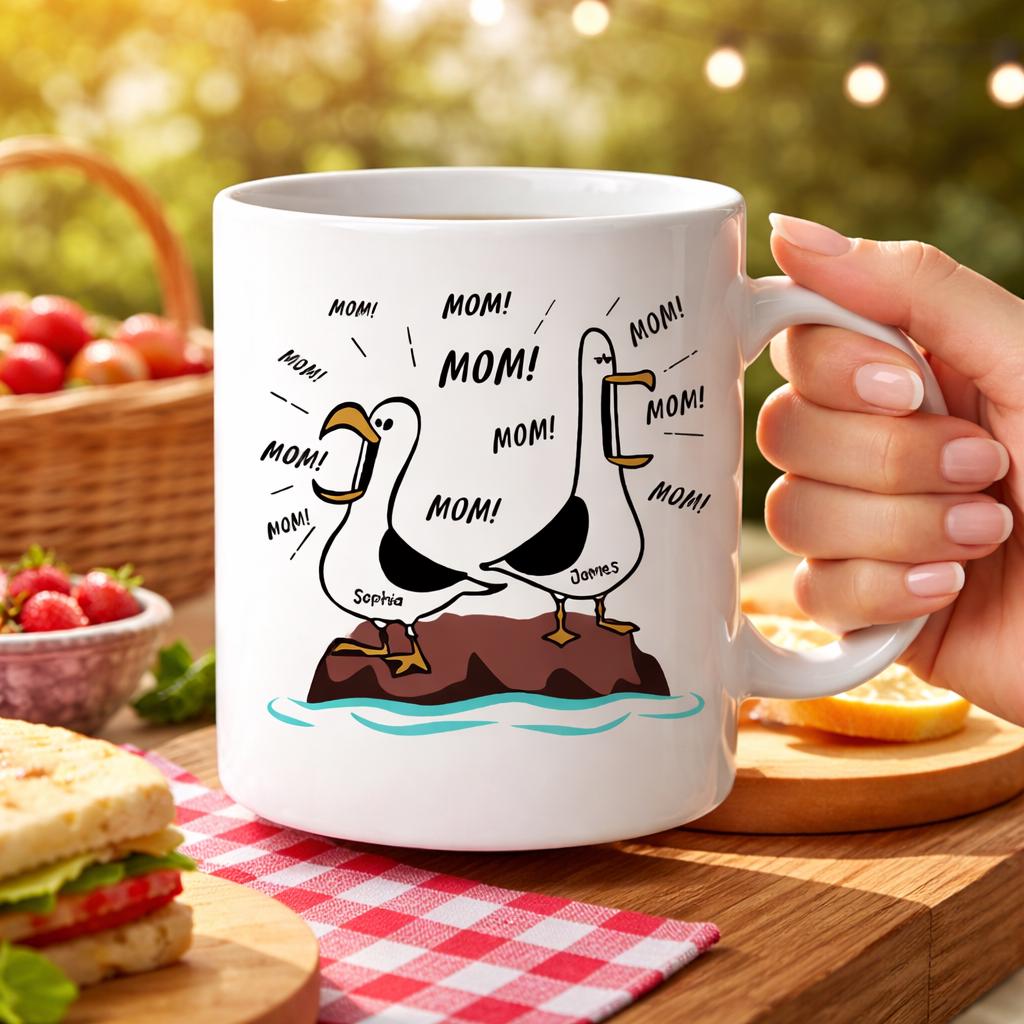 Seagull Mom Mom Mom Personalized Mom Coffee Mug, Funny Mother's Day Gift, Gift For Mom, Custom Kids Names Mug