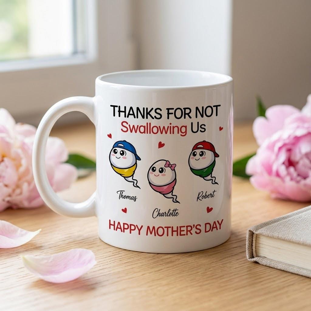 Personalized Thanks For Not Swallowing Us Mug, Funny Custom 3D Inflated Effect Kid Name Mug, Funny Mom Mug From Son Daughter