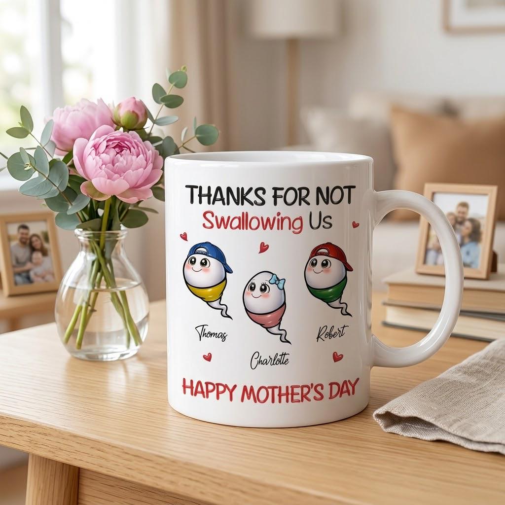 Personalized Thanks For Not Swallowing Us Mug, Funny Custom 3D Inflated Effect Kid Name Mug, Funny Mom Mug From Son Daughter