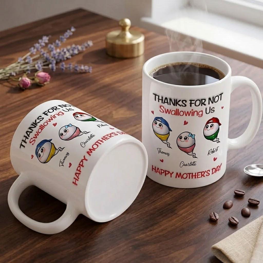 Personalized Thanks For Not Swallowing Us Mug, Funny Custom 3D Inflated Effect Kid Name Mug, Funny Mom Mug From Son Daughter