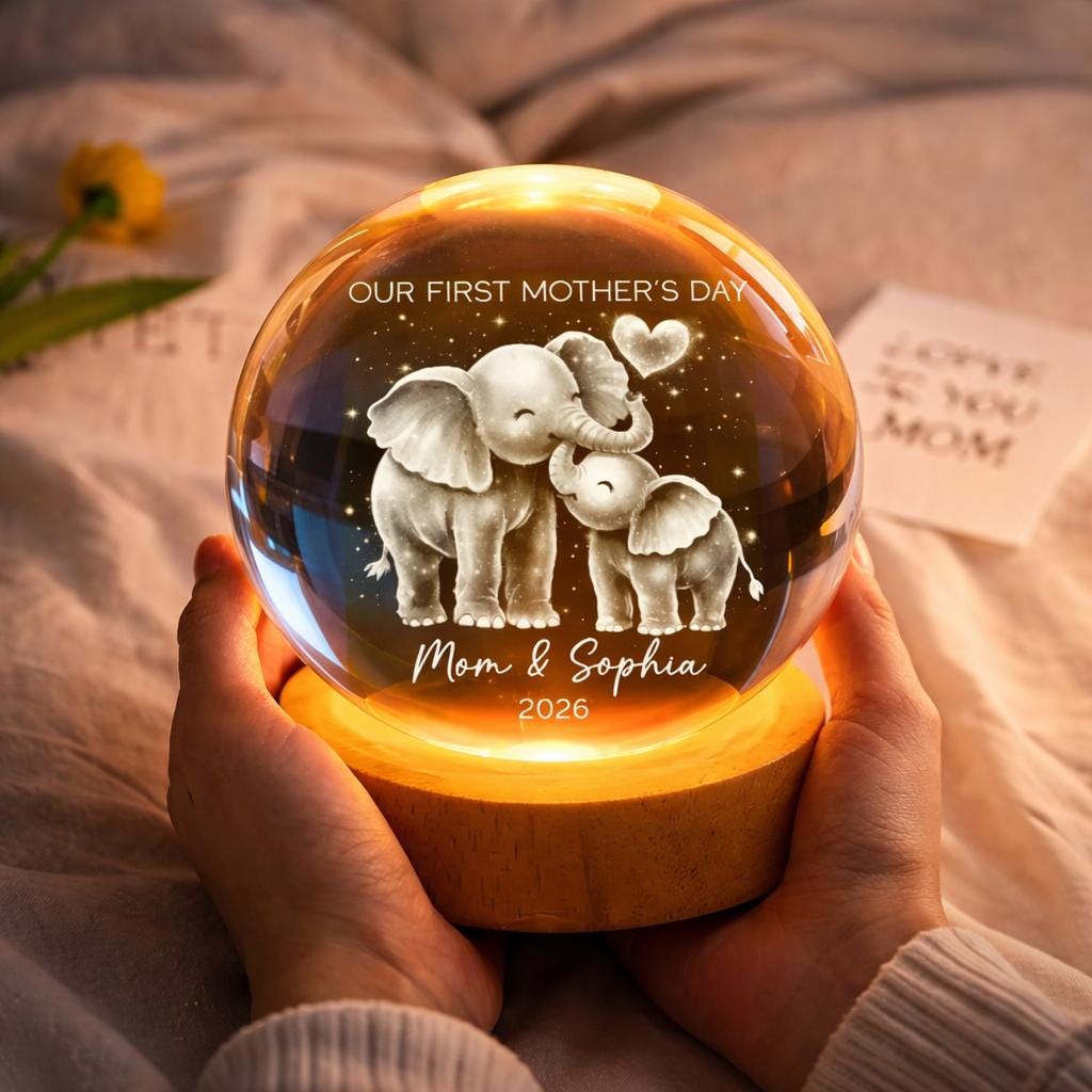 Elephant Mom And Baby Our First Mother's Day - Personalized Crystal Ball LED Night Light - First Mother's Day Gift For New Mom