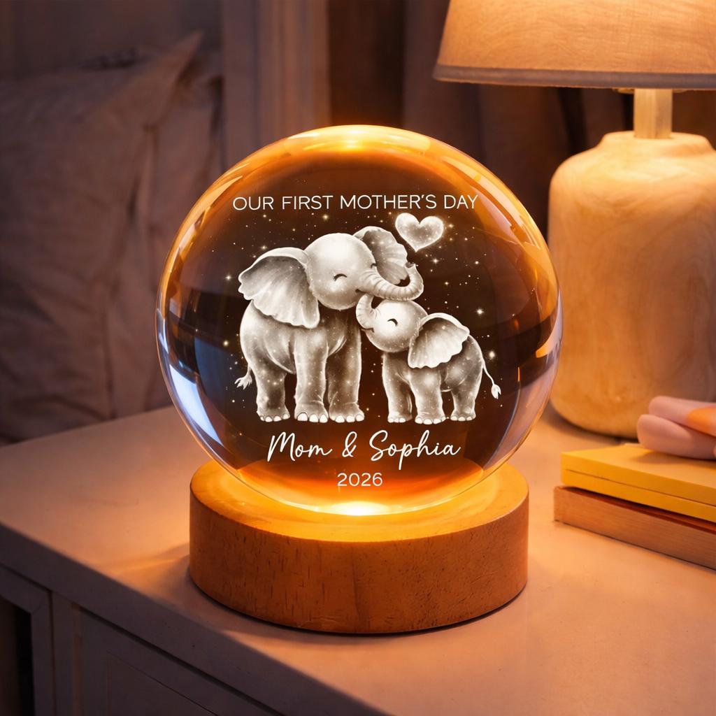 Elephant Mom And Baby Our First Mother's Day - Personalized Crystal Ball LED Night Light - First Mother's Day Gift For New Mom