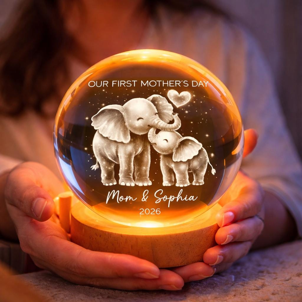 Elephant Mom And Baby Our First Mother's Day - Personalized Crystal Ball LED Night Light - First Mother's Day Gift For New Mom
