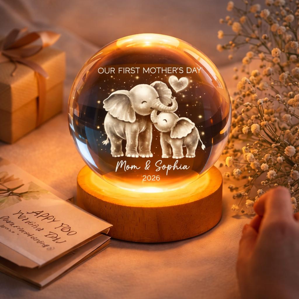 Elephant Mom And Baby Our First Mother's Day - Personalized Crystal Ball LED Night Light - First Mother's Day Gift For New Mom