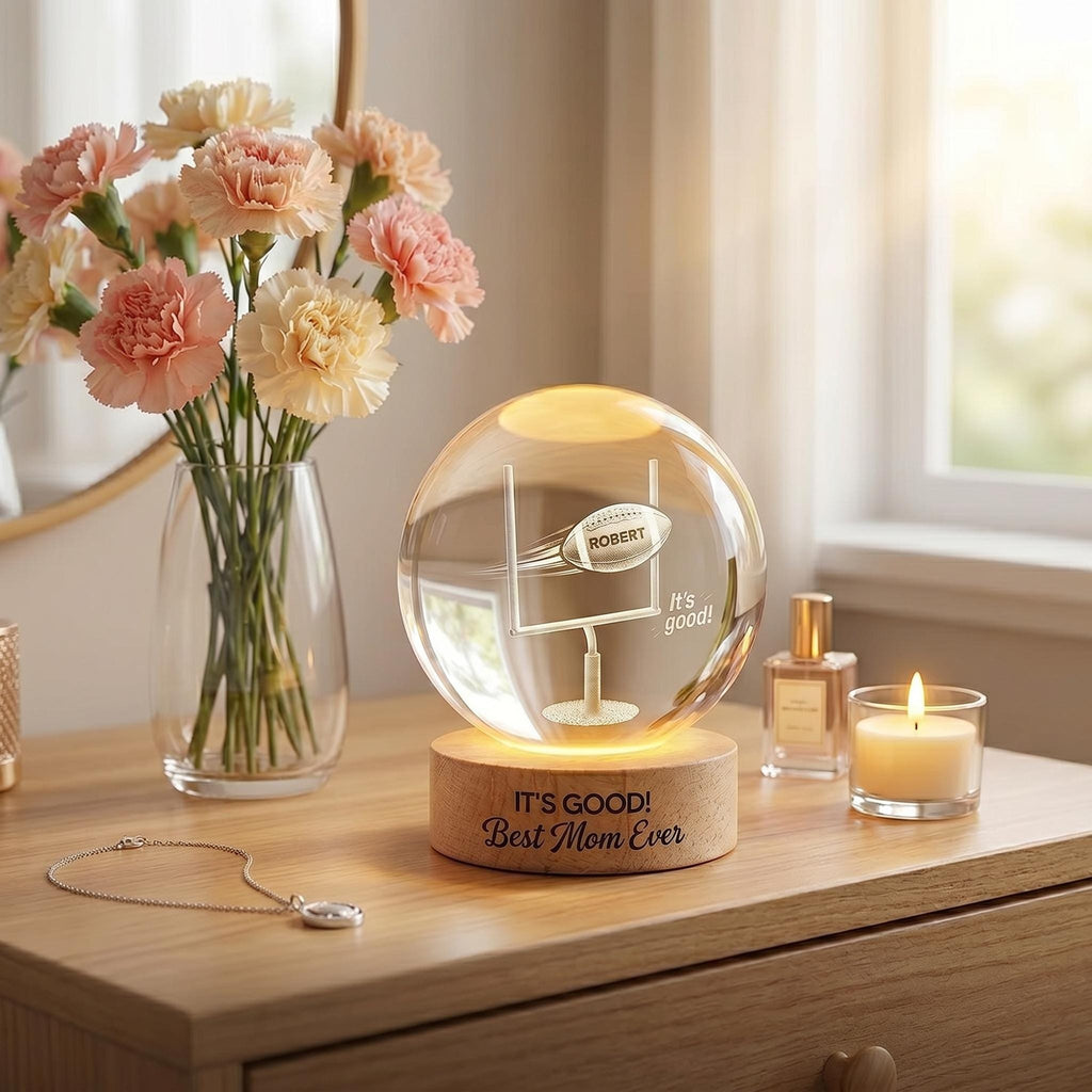 Football Mom Crystal Ball Night Light, Personalized Best Mom Ever Gift, Custom Name Football Lamp, Sports Mom LED Globe, Mother’s Day Gift