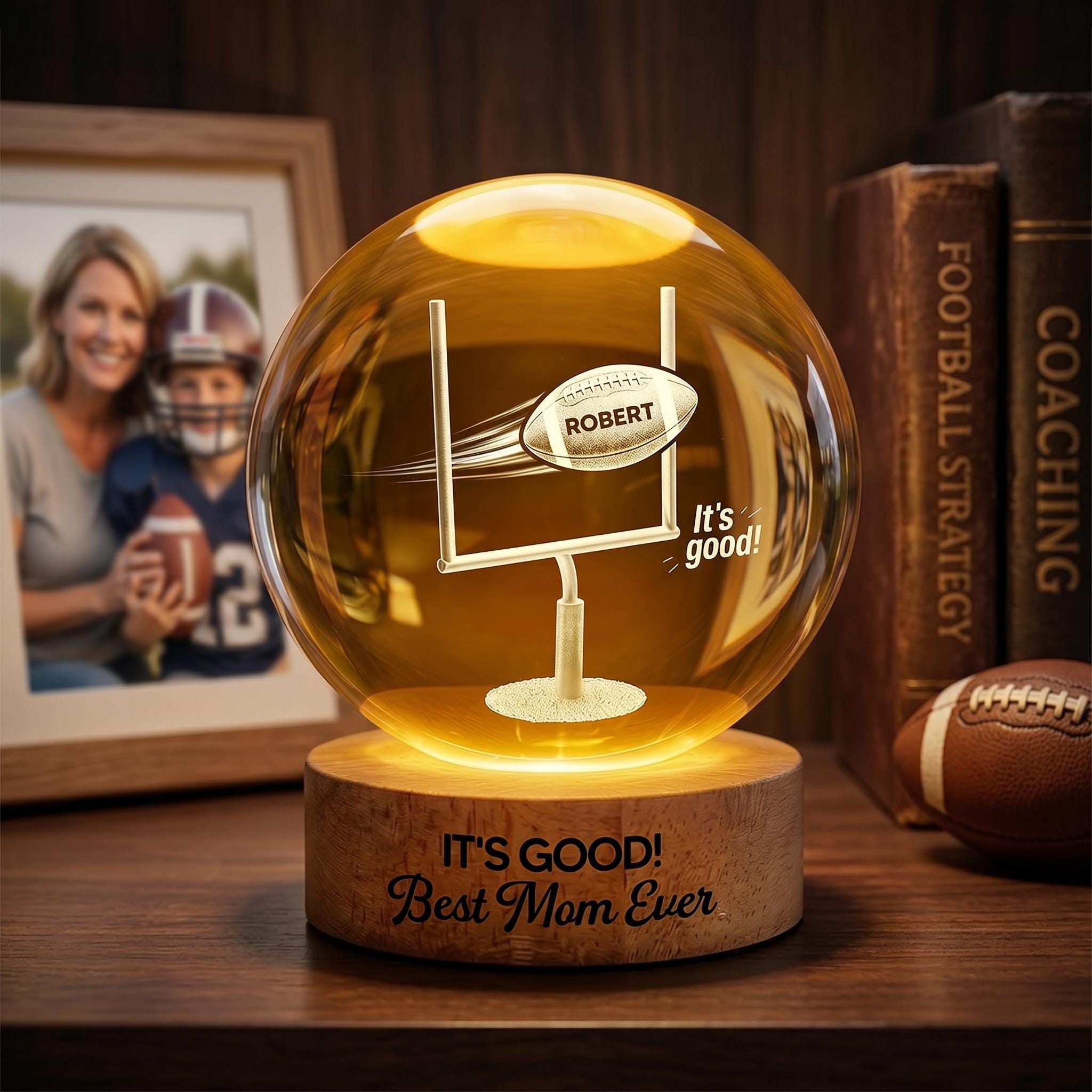 Football Mom Crystal Ball Night Light, Personalized Best Mom Ever Gift, Custom Name Football Lamp, Sports Mom LED Globe, Mother’s Day Gift