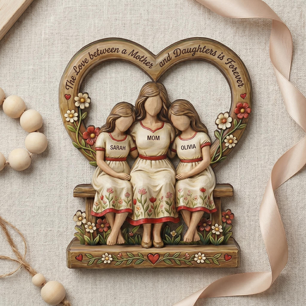 Personalized Mother Daughter Wooden Plaque, Custom Mom and Kids Gift, Mother’s Day Keepsake, Family Name Sign, Mom Birthday Gift - 2D Print