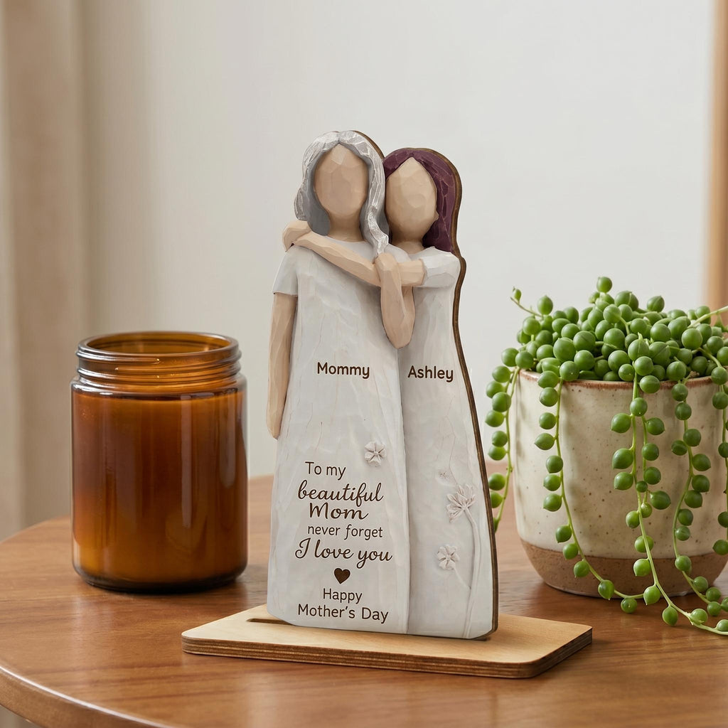 Personalized Mom Daughter Wooden Figurine, Custom Mother Daughter Gift, Mother’s Day Keepsake, Mom Birthday Gift, Family Name Decor 2D Print