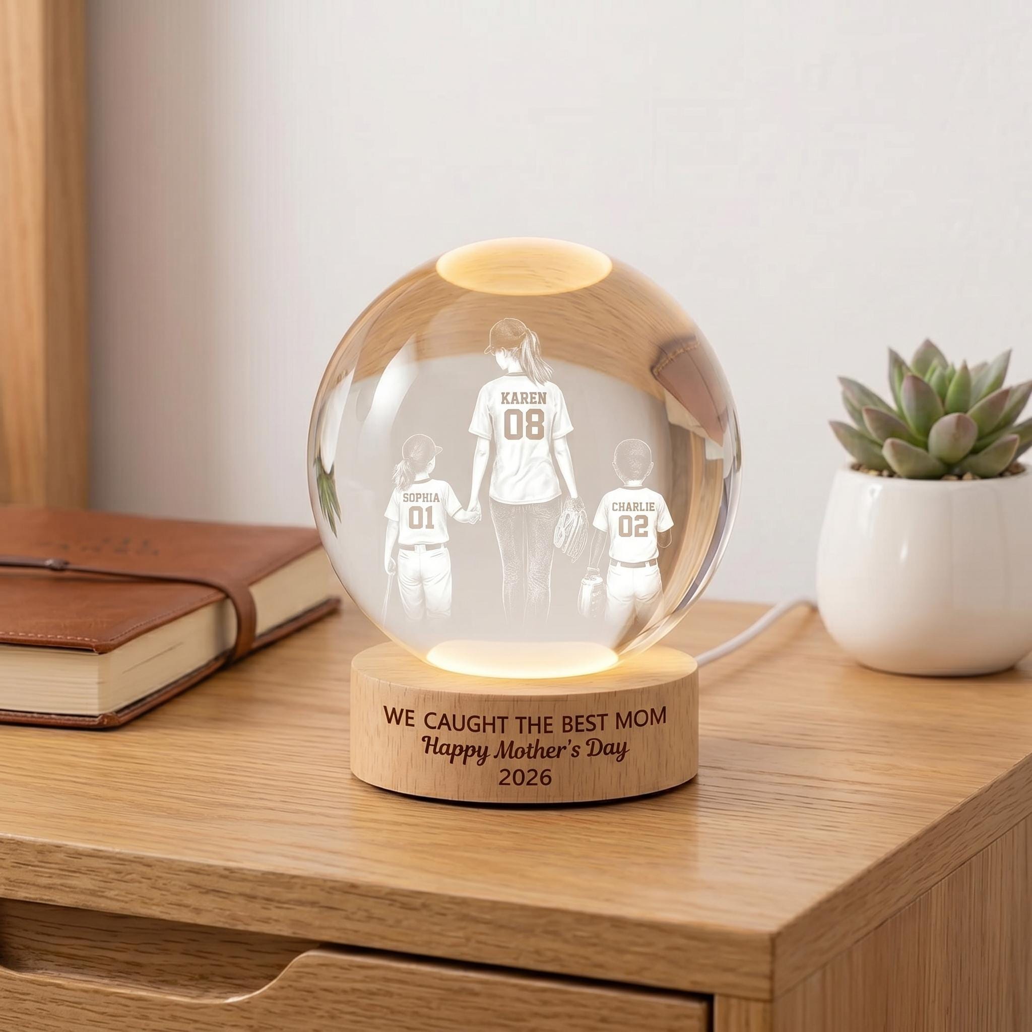 Baseball Portrait We Caught The Best Mom, Personalized Crystal Ball LED Night Light, Mothers Day Gift For Baseball Mom, Mom Coach Gift