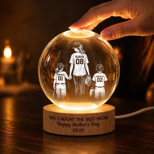 Baseball Portrait We Caught The Best Mom, Personalized Crystal Ball LED Night Light, Mothers Day Gift For Baseball Mom, Mom Coach Gift