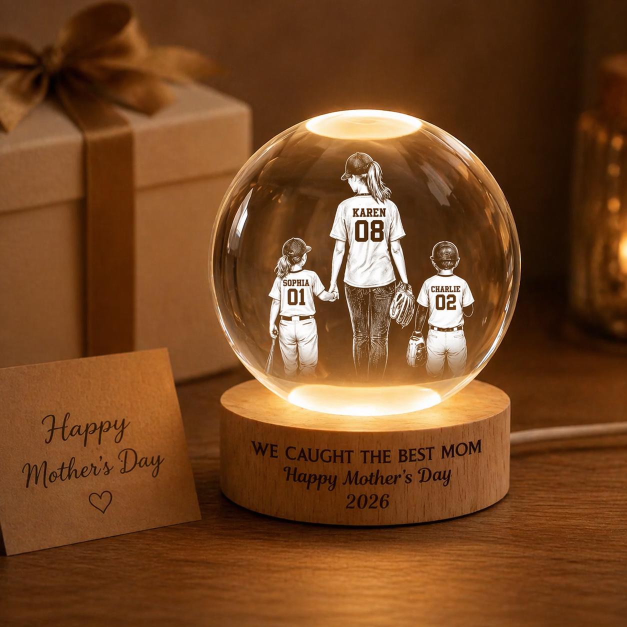 Baseball Portrait We Caught The Best Mom, Personalized Crystal Ball LED Night Light, Mothers Day Gift For Baseball Mom, Mom Coach Gift