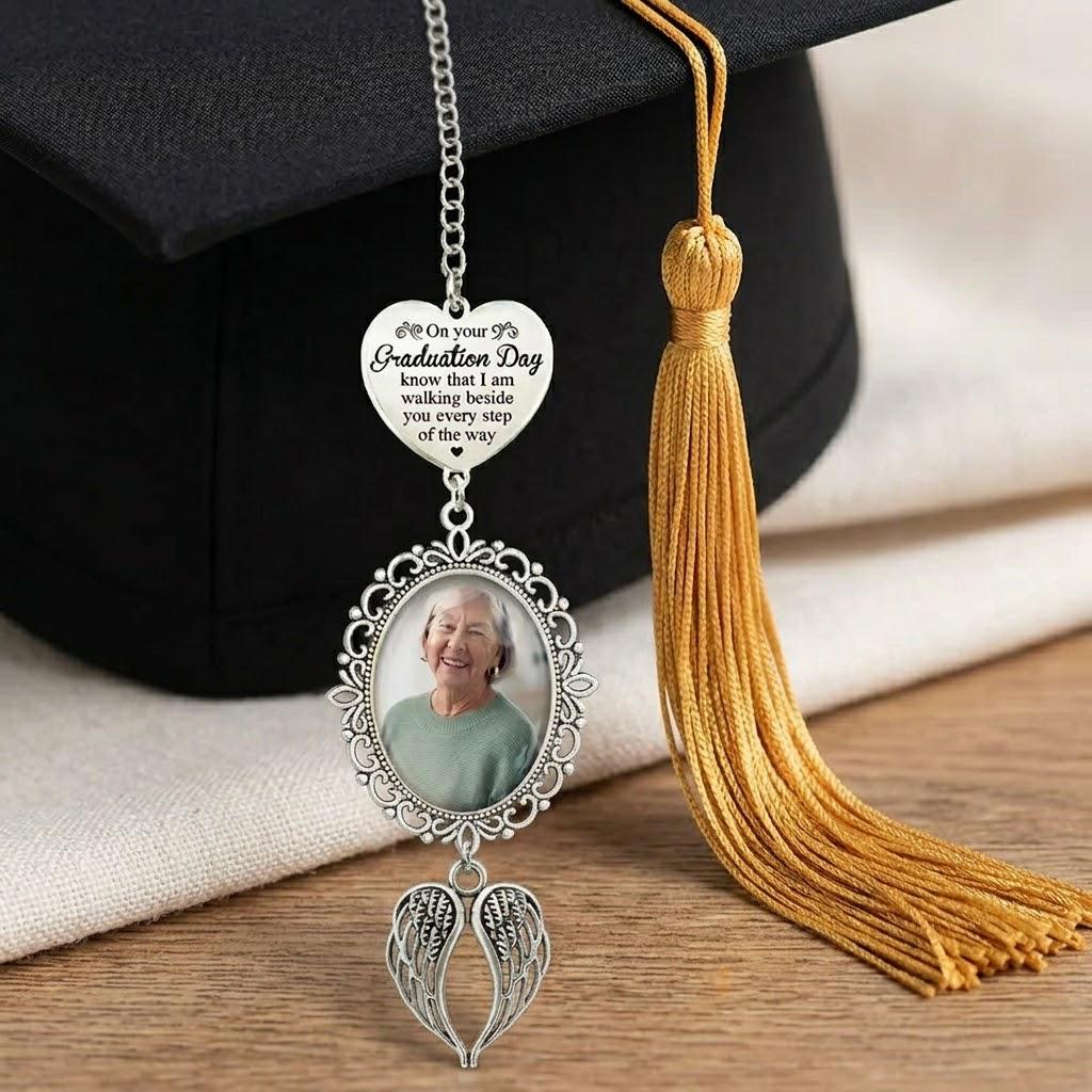 Custom Graduation Tassel Heart Charm, On Graduation Day Memorial Charm with Angel Wings, Graduation Gift, Class of 2026, Hat Topper Tassel