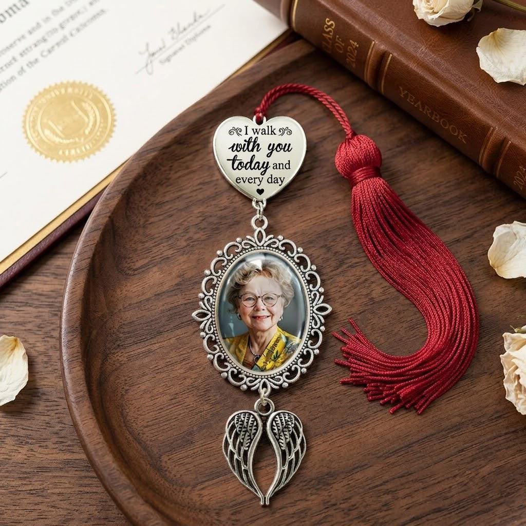 Custom Graduation Tassel Heart Charm, On Graduation Day Memorial Charm with Angel Wings, Graduation Gift, Class of 2026, Hat Topper Tassel