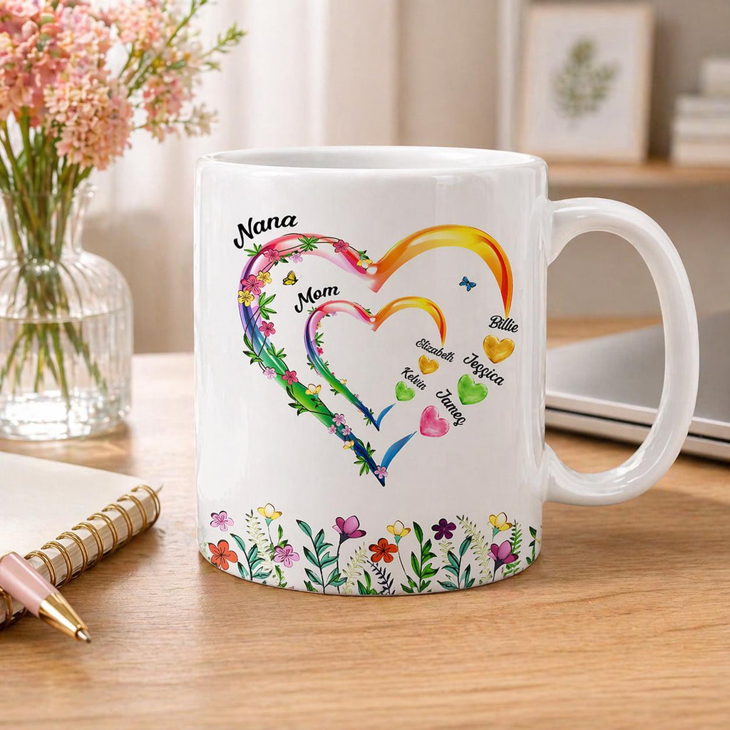 Personalized Mom Grandma Hearts Coffee Mug, Family Mug, Custom Kids Names Mug, Gift For Mom Grandma, Mother's Day Keepsake, Heart Family Mug