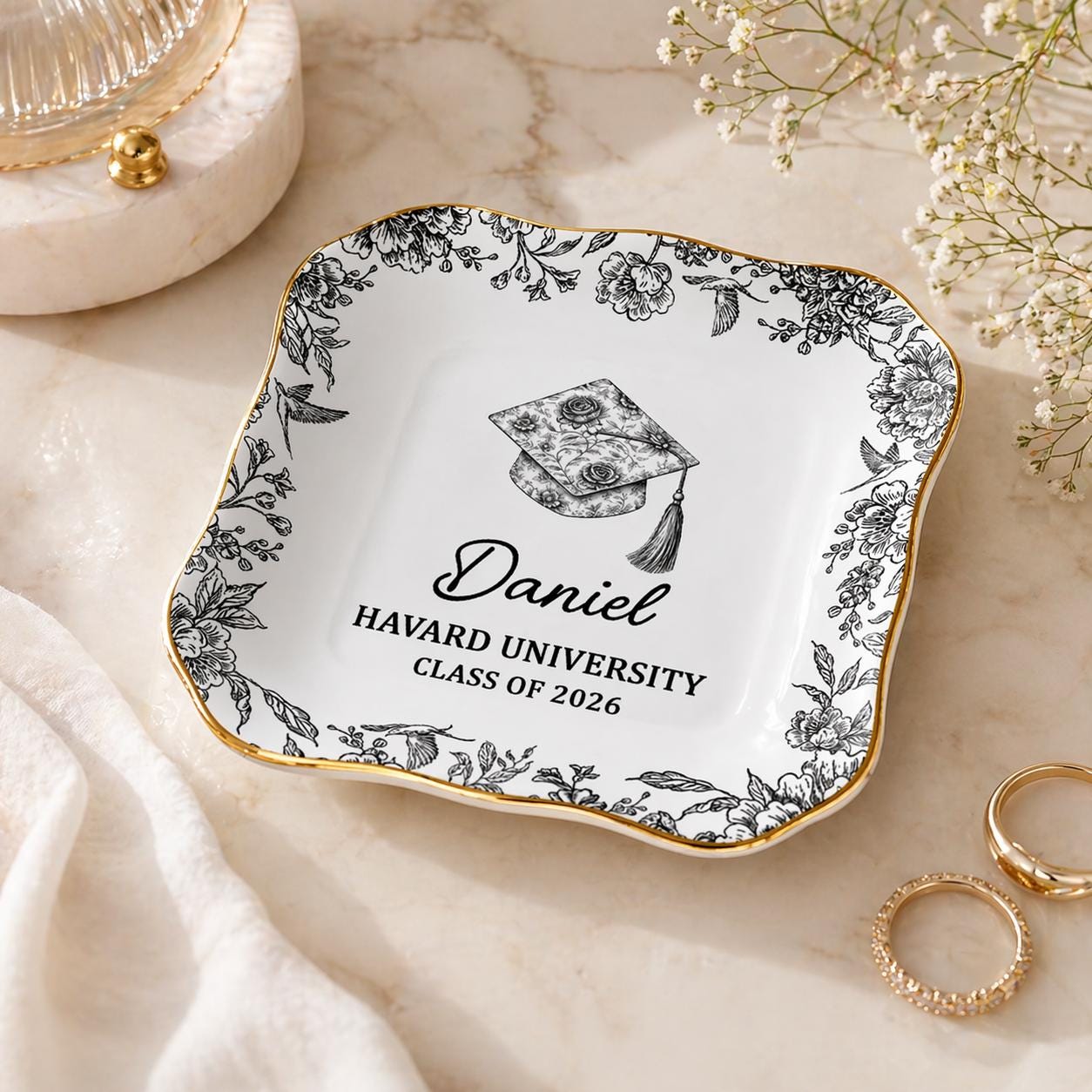 Custom Floral Graduation Jewelry Dish, Personalized Graduation Gift for Her, Class Of 2026 Gift for Friends, Grad Gift for Daughter, Girls