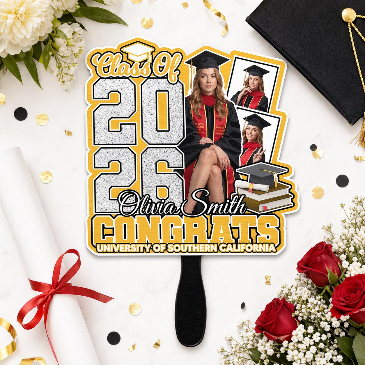 Grad Head Face Fan Class of 2026 Graduate Party Favor, Face on a Stick, Graduation Fan, Class of 2026, Personalized Graduation Fan Handheld