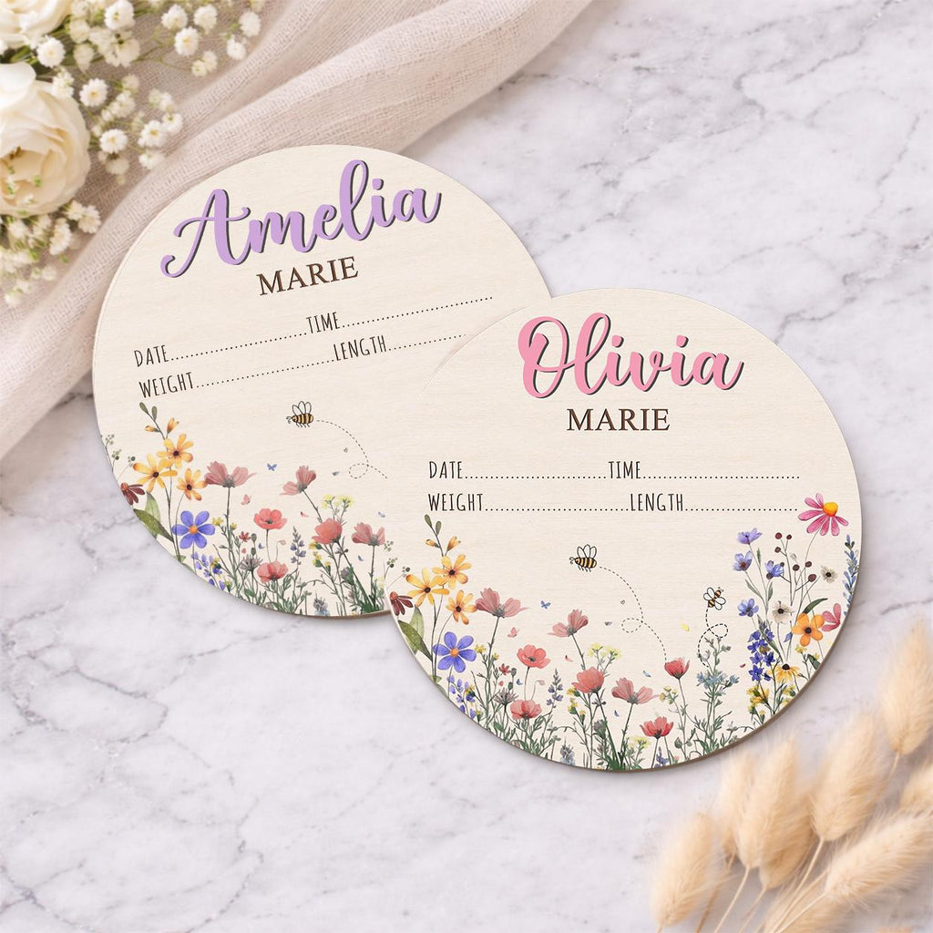Personalized Baby Announcement Sign, Wildflower Name Sign for Hospital, Baby Girl Name Sign, Newborn Sign With Birth Stats, Baby Shower Gift