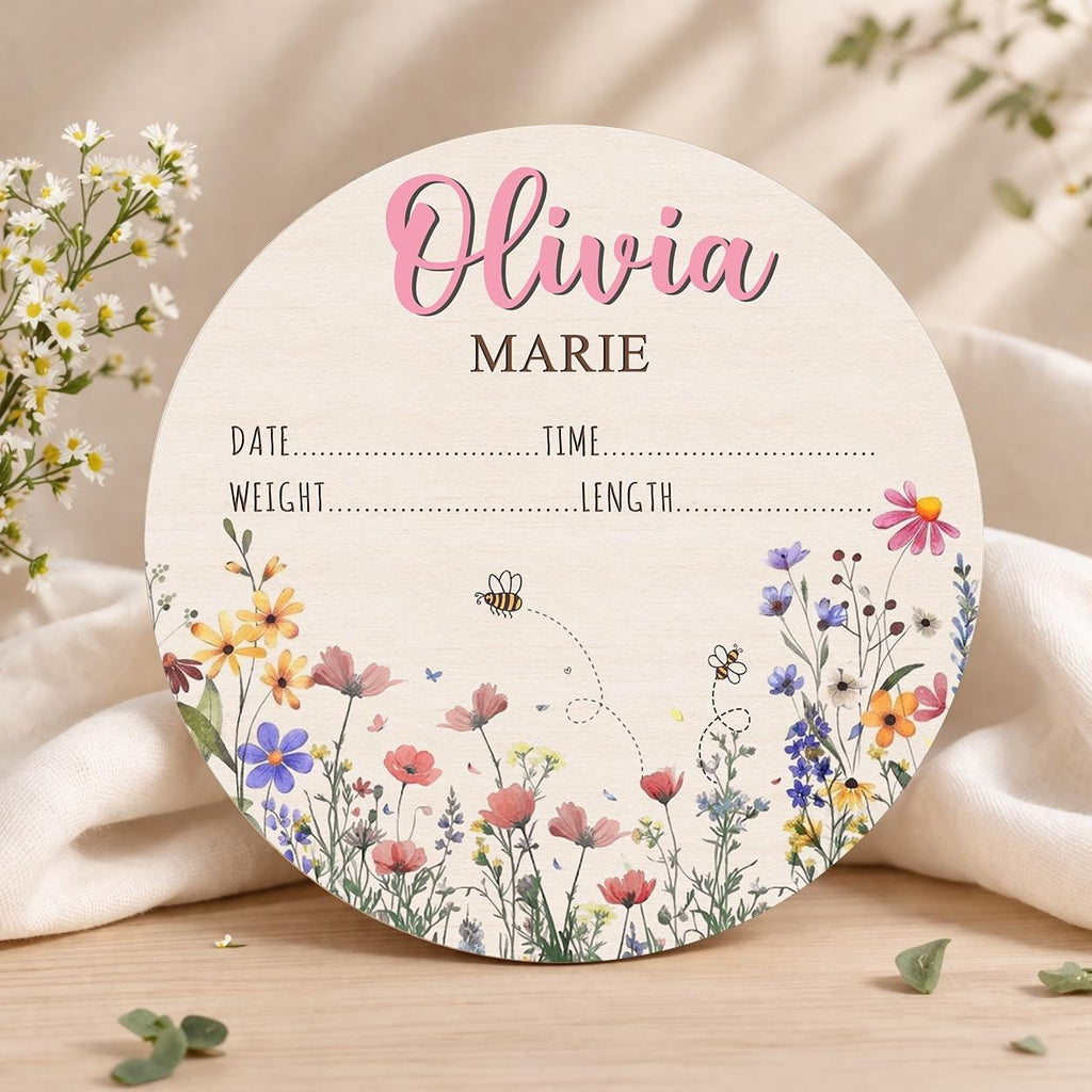 Personalized Baby Announcement Sign, Wildflower Name Sign for Hospital, Baby Girl Name Sign, Newborn Sign With Birth Stats, Baby Shower Gift