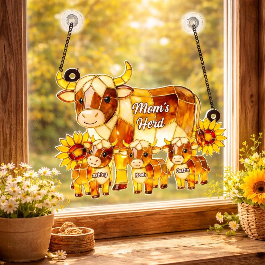 Personalized Highland Cow Mom Acrylic Suncatcher, Custom Family Window Hanging, Mother's Day Gift for Mom Grandma, Faux Stained Glass Art
