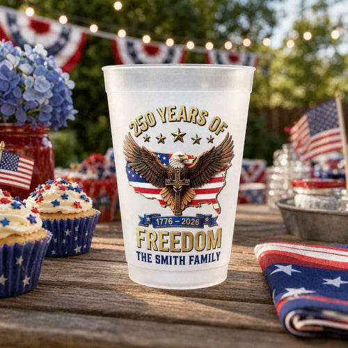 250 Years of Freedom USA Custom Frosted Cup, 1776 2026 Patriotic Party Cups, Personalized Family Name Tumbler, 4th of July Party Plastic Cup