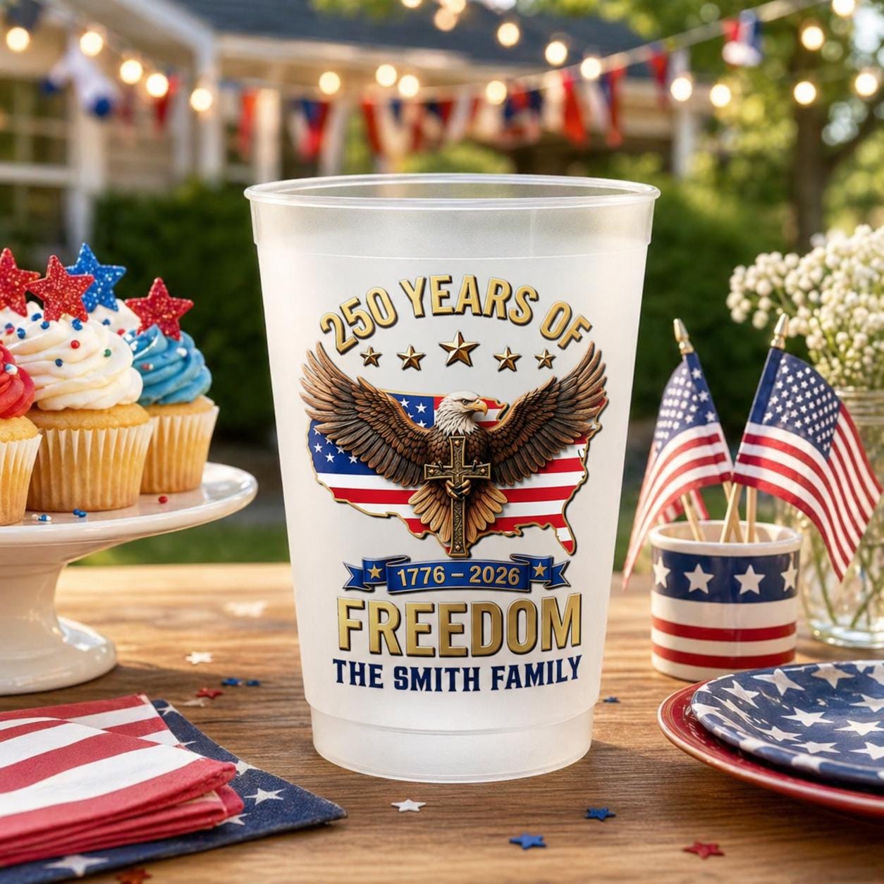 250 Years of Freedom USA Custom Frosted Cup, 1776 2026 Patriotic Party Cups, Personalized Family Name Tumbler, 4th of July Party Plastic Cup
