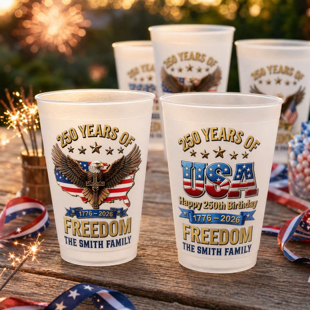 250 Years of Freedom USA Custom Frosted Cup, 1776 2026 Patriotic Party Cups, Personalized Family Name Tumbler, 4th of July Party Plastic Cup