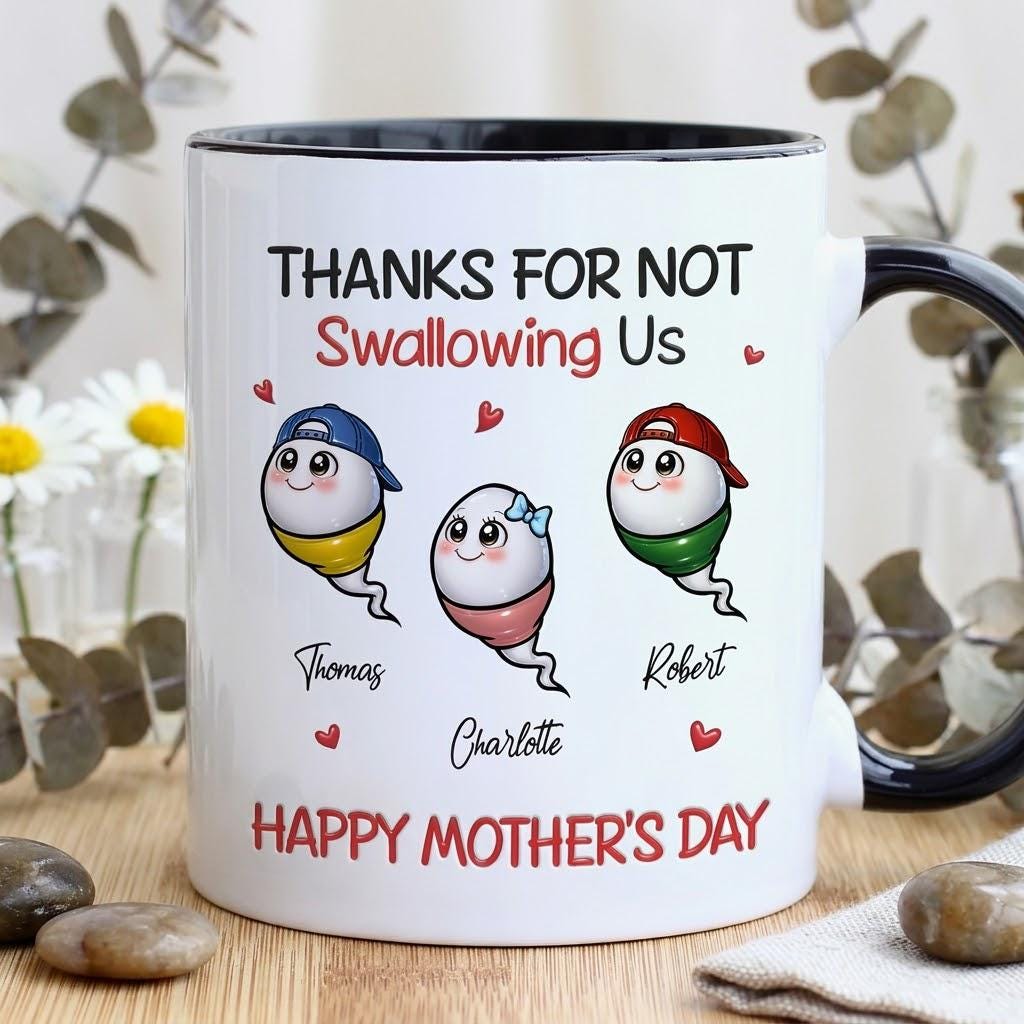 Personalized Thanks For Not Swallowing Us Mug, Funny Custom 3D Inflated Effect Kid Name Mug, Funny Mom Mug From Son Daughter