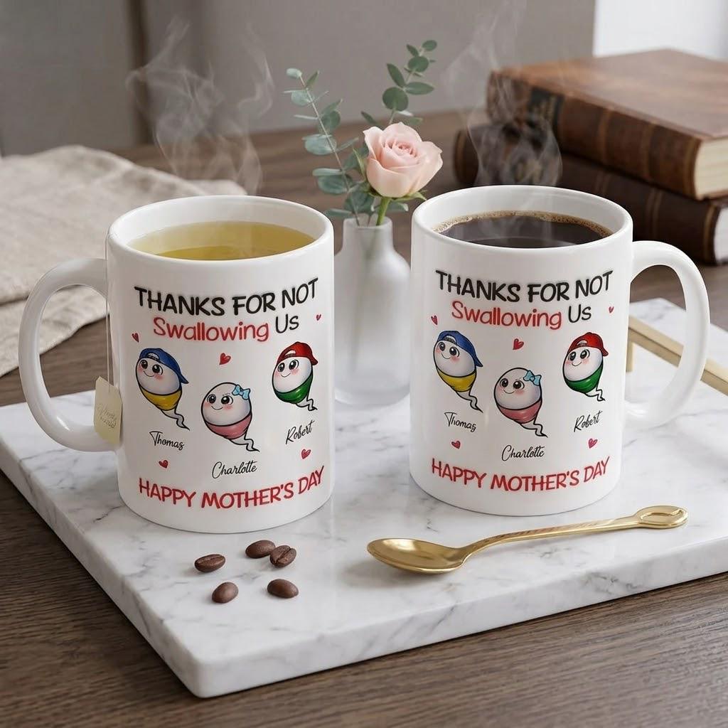 Personalized Thanks For Not Swallowing Us Mug, Funny Custom 3D Inflated Effect Kid Name Mug, Funny Mom Mug From Son Daughter