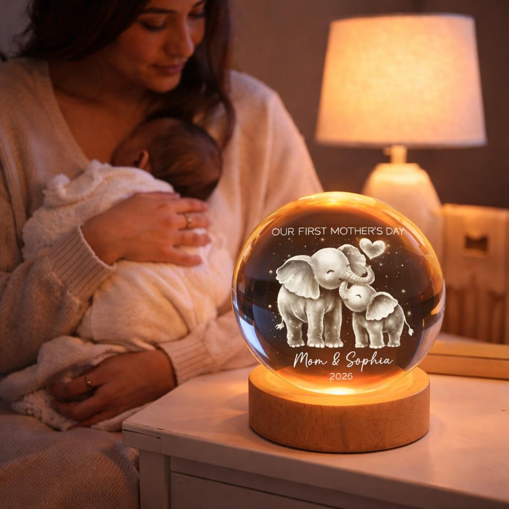 Elephant Mom And Baby Our First Mother's Day - Personalized Crystal Ball LED Night Light - First Mother's Day Gift For New Mom