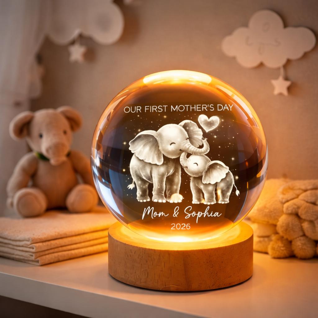 Elephant Mom And Baby Our First Mother's Day - Personalized Crystal Ball LED Night Light - First Mother's Day Gift For New Mom