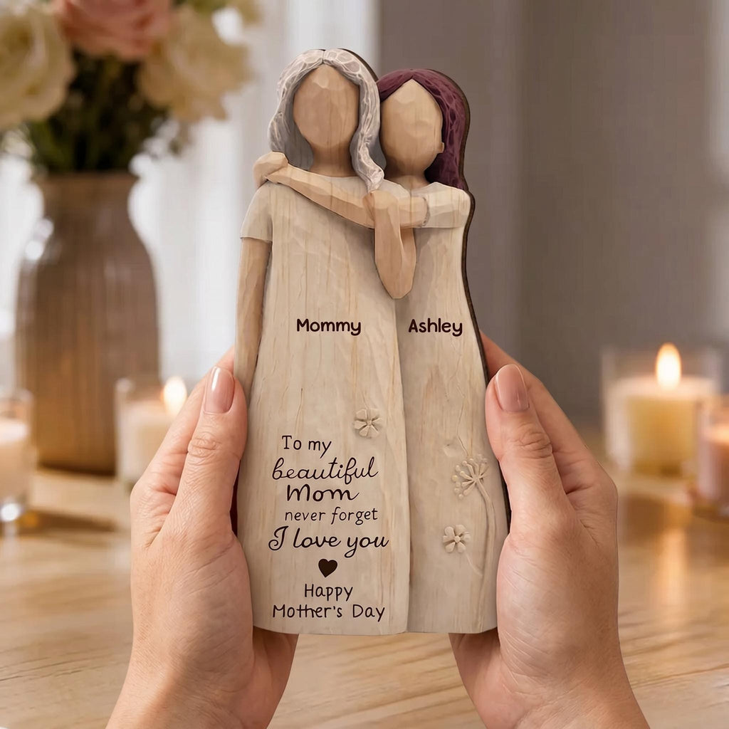 Personalized Mom Daughter Wooden Figurine, Custom Mother Daughter Gift, Mother’s Day Keepsake, Mom Birthday Gift, Family Name Decor 2D Print