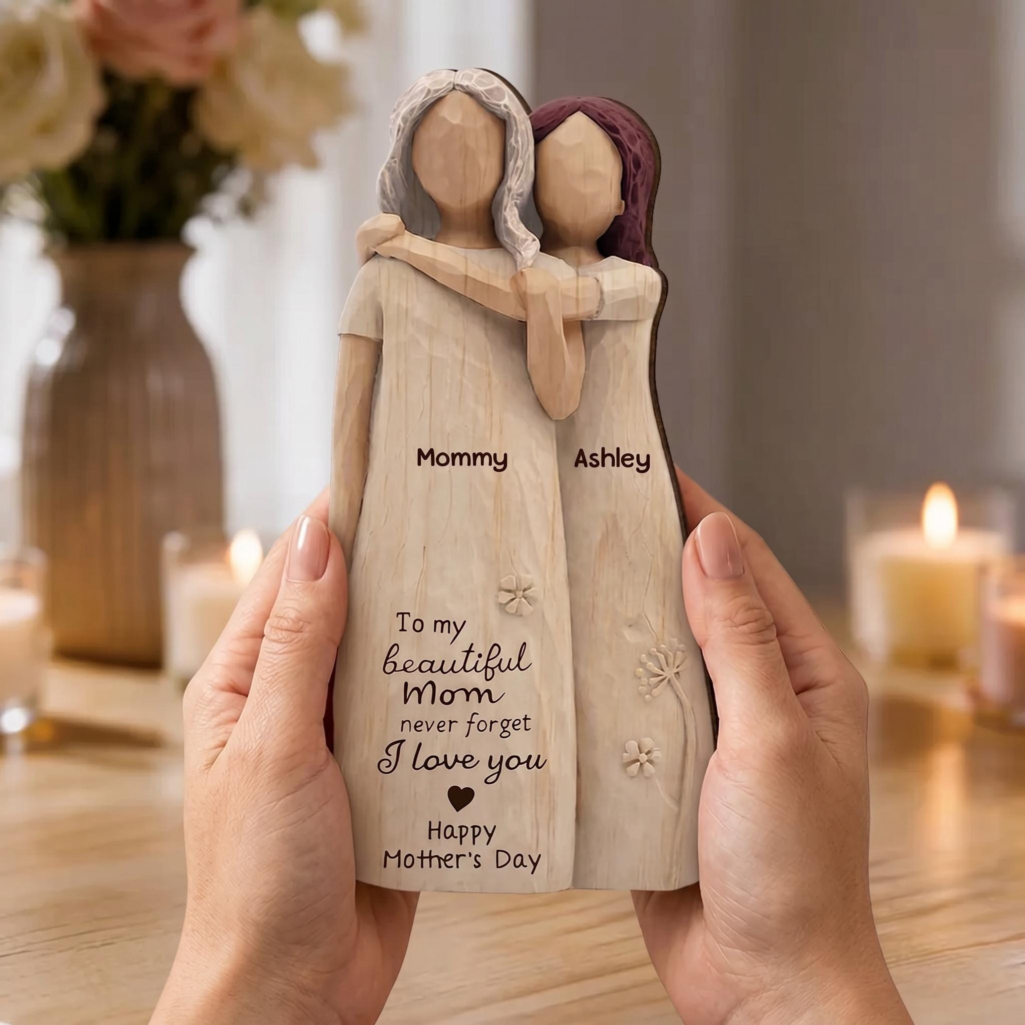 Personalized Mom Daughter Wooden Figurine, Custom Mother Daughter Gift, Mother’s Day Keepsake, Mom Birthday Gift, Family Name Decor 2D Print