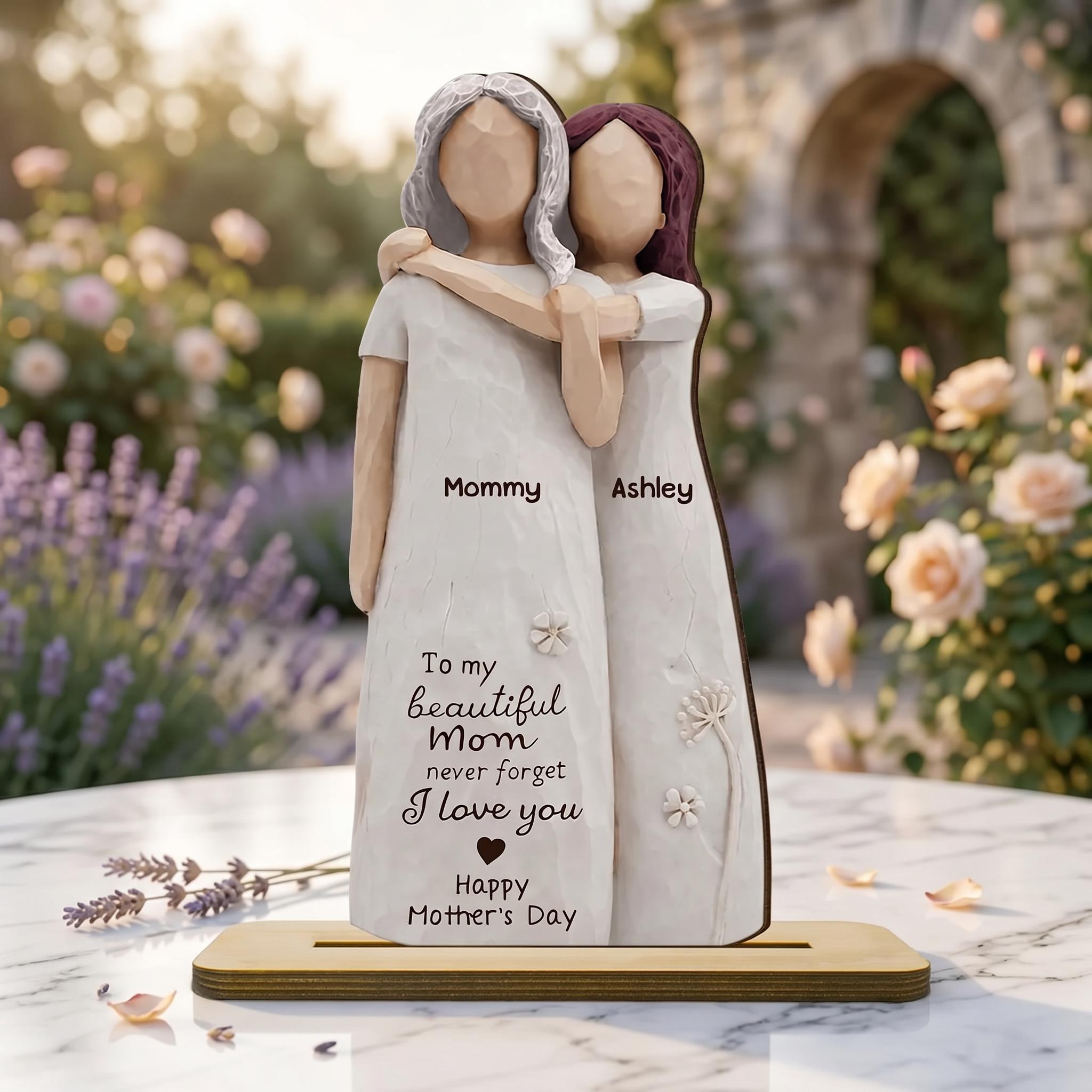 Personalized Mom Daughter Wooden Figurine, Custom Mother Daughter Gift, Mother’s Day Keepsake, Mom Birthday Gift, Family Name Decor 2D Print
