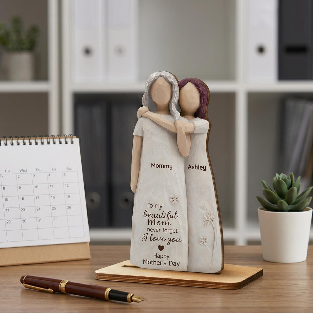 Personalized Mom Daughter Wooden Figurine, Custom Mother Daughter Gift, Mother’s Day Keepsake, Mom Birthday Gift, Family Name Decor 2D Print