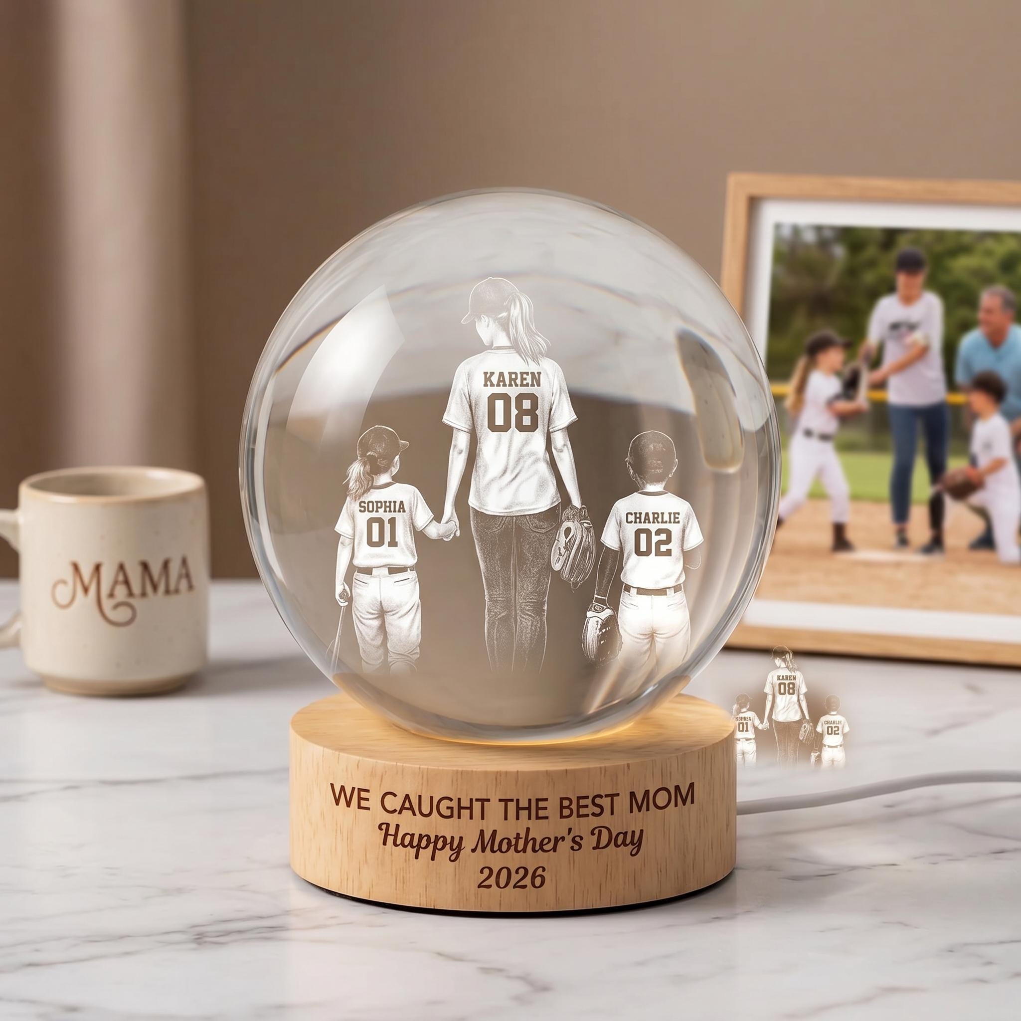 Baseball Portrait We Caught The Best Mom, Personalized Crystal Ball LED Night Light, Mothers Day Gift For Baseball Mom, Mom Coach Gift
