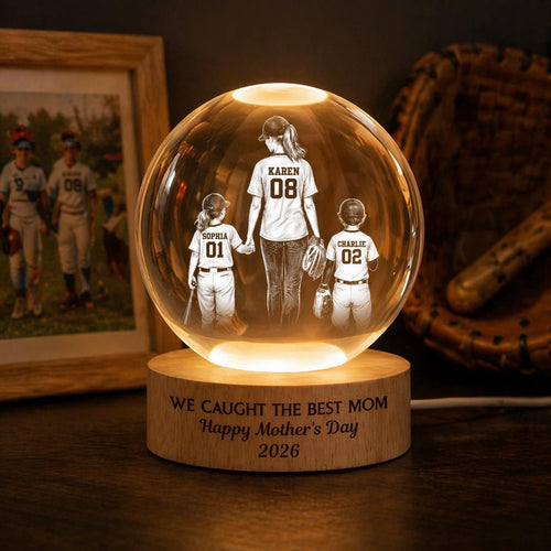 Baseball Portrait We Caught The Best Mom, Personalized Crystal Ball LED Night Light, Mothers Day Gift For Baseball Mom, Mom Coach Gift