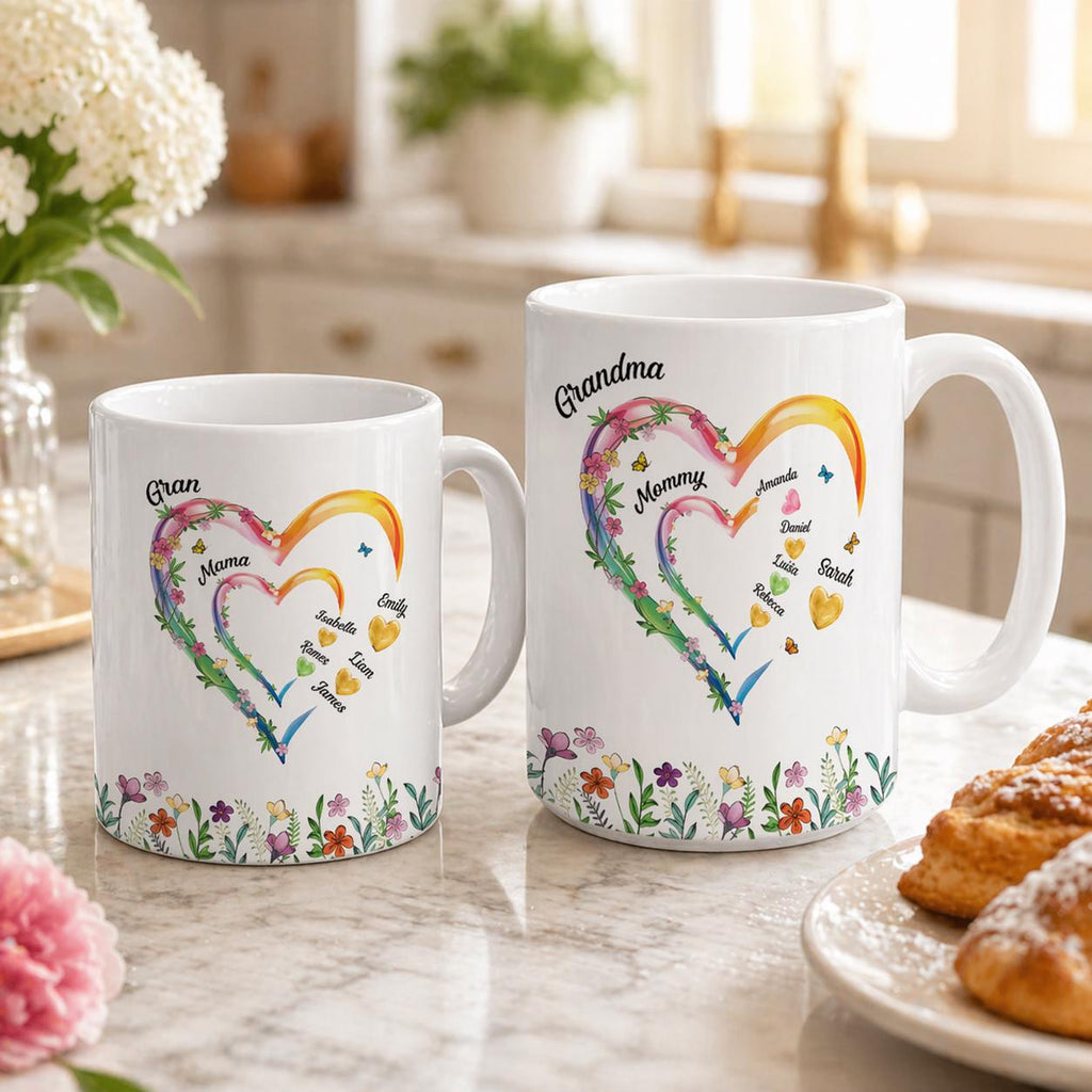 Personalized Mom Grandma Hearts Coffee Mug, Family Mug, Custom Kids Names Mug, Gift For Mom Grandma, Mother's Day Keepsake, Heart Family Mug