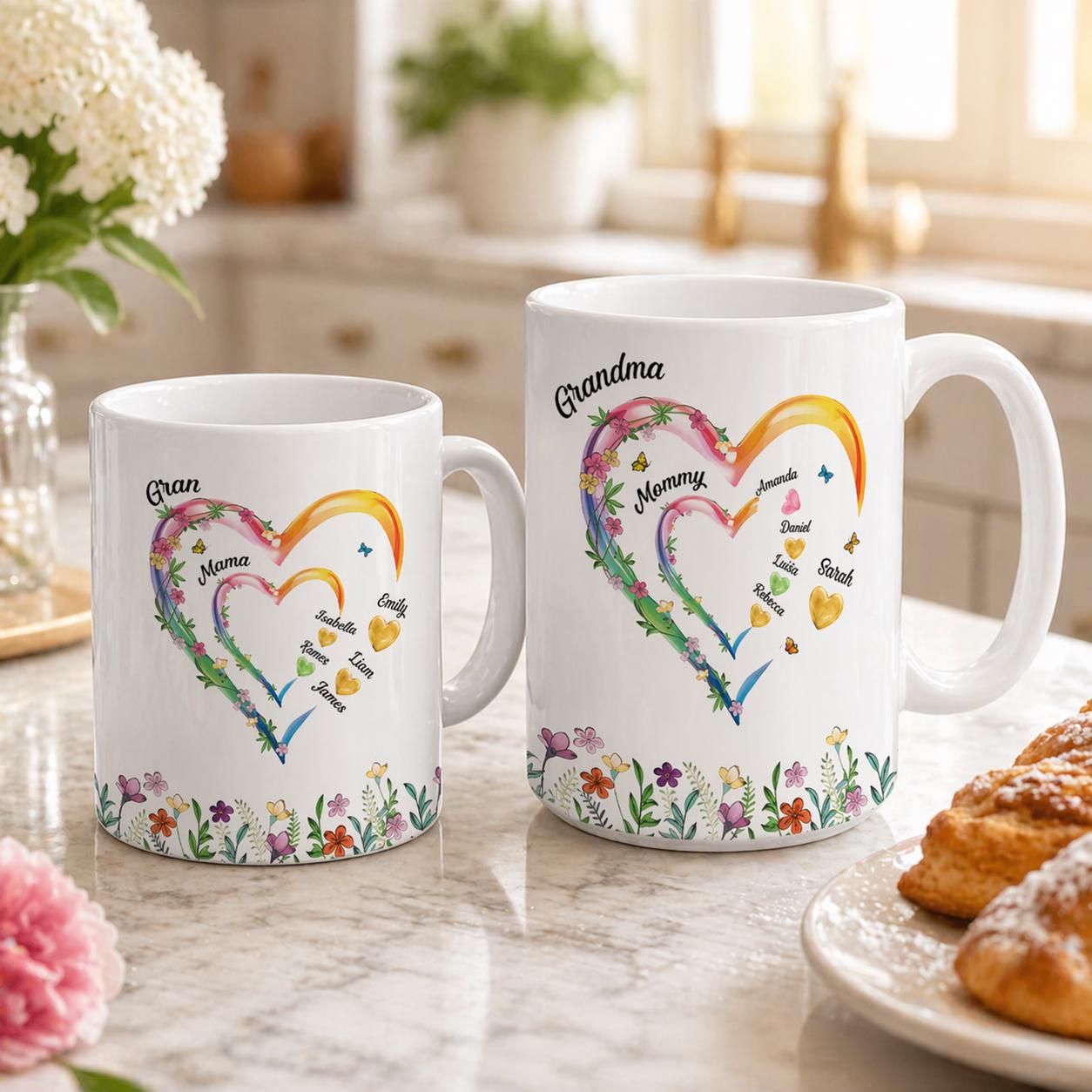 Personalized Mom Grandma Hearts Coffee Mug, Family Mug, Custom Kids Names Mug, Gift For Mom Grandma, Mother's Day Keepsake, Heart Family Mug
