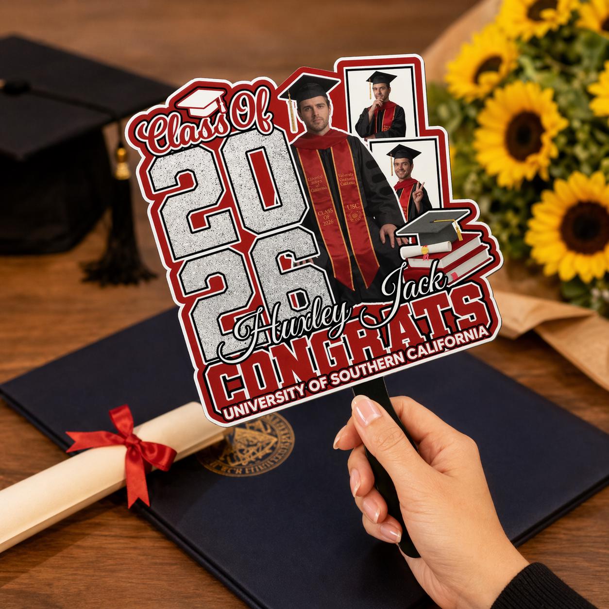 Grad Head Face Fan Class of 2026 Graduate Party Favor, Face on a Stick, Graduation Fan, Class of 2026, Personalized Graduation Fan Handheld