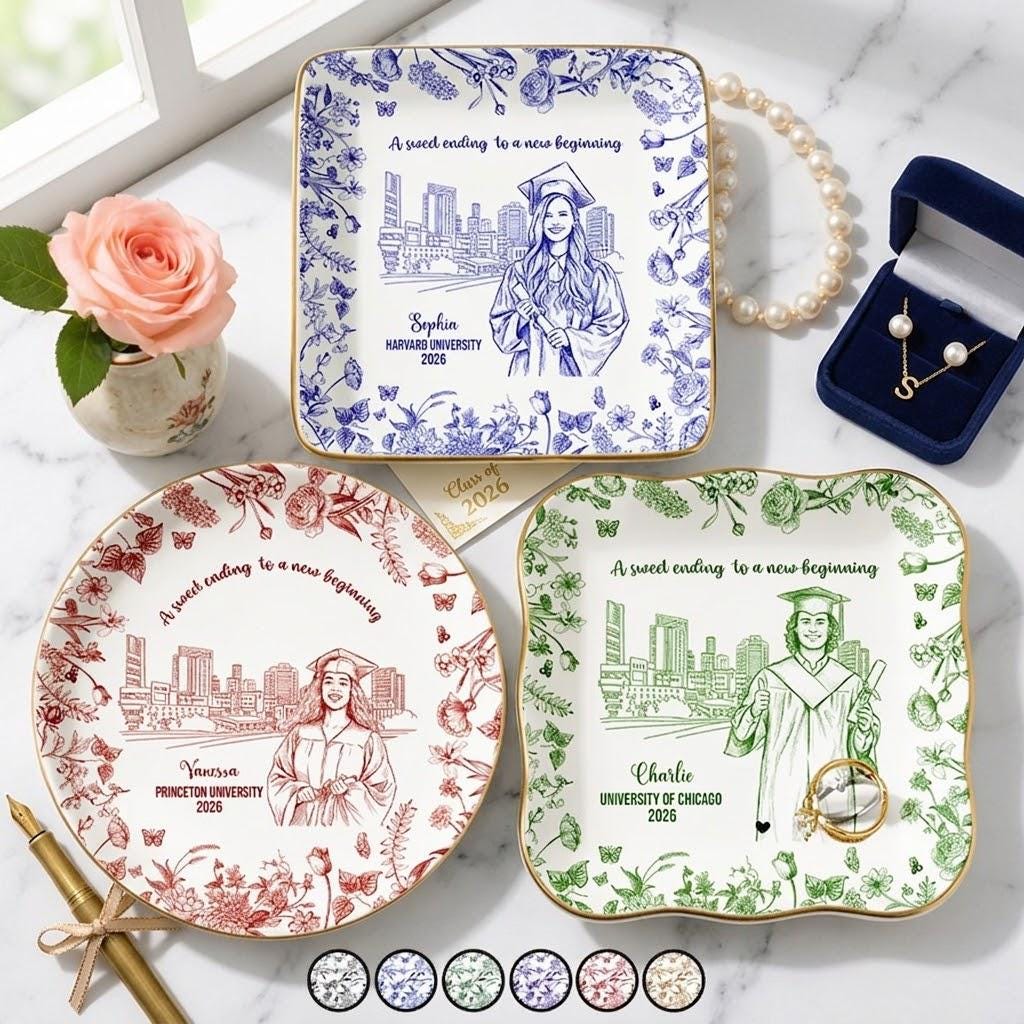 Custom Photo Pencil Sketch Graduation Jewelry Dish, Personalized Graduation Gift for Her, Class Of 2026 Gift for Friends, Gift for Daughter