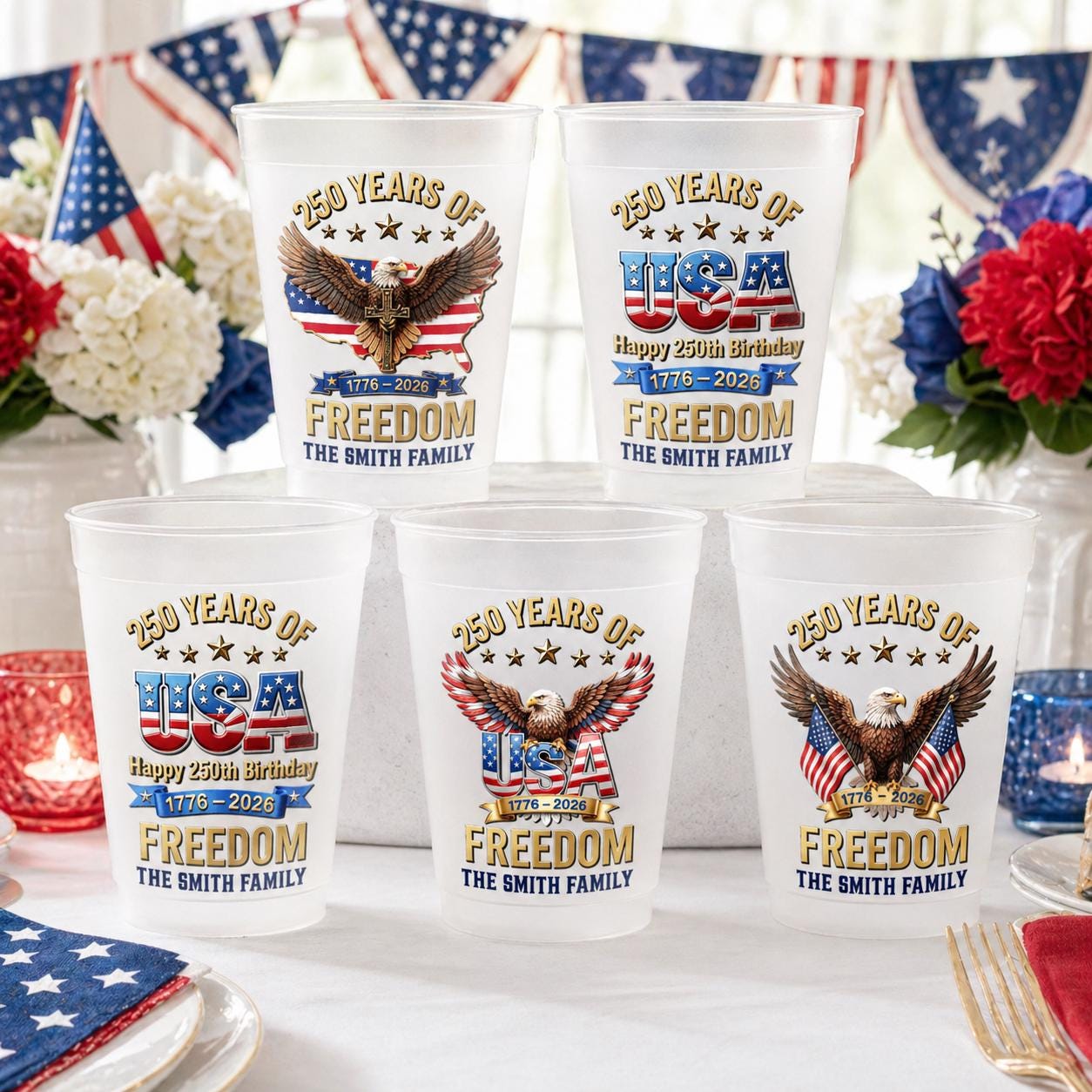 250 Years of Freedom USA Custom Frosted Cup, 1776 2026 Patriotic Party Cups, Personalized Family Name Tumbler, 4th of July Party Plastic Cup