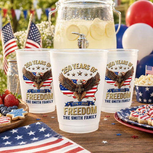 250 Years of Freedom USA Custom Frosted Cup, 1776 2026 Patriotic Party Cups, Personalized Family Name Tumbler, 4th of July Party Plastic Cup
