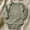 Name Front Embroidered Romper, made to order by Hush & Bloom