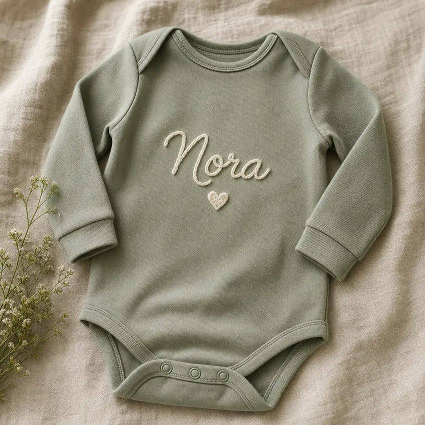 Name Front Embroidered Romper, made to order by Hush & Bloom