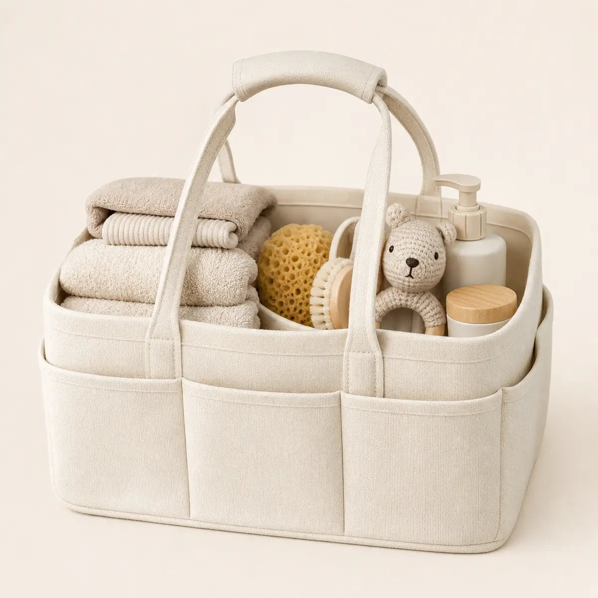 Newborn Bath Essentials Caddy arranged as a clean baby shower product photo