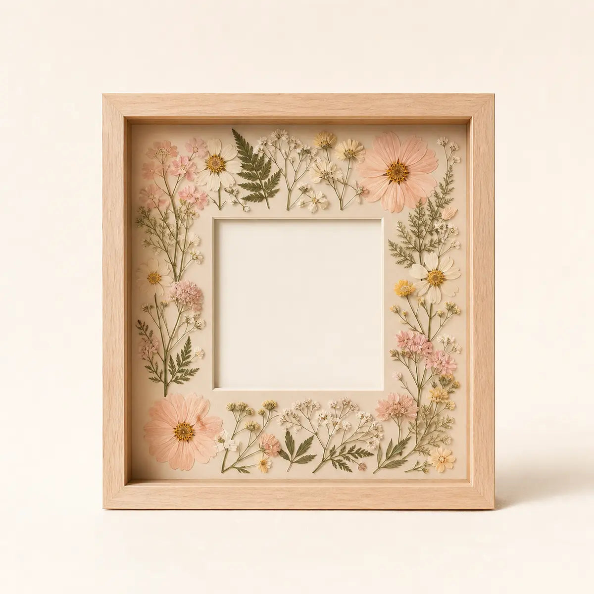 Pressed Flower Memory Frame arranged as a clean baby shower product photo