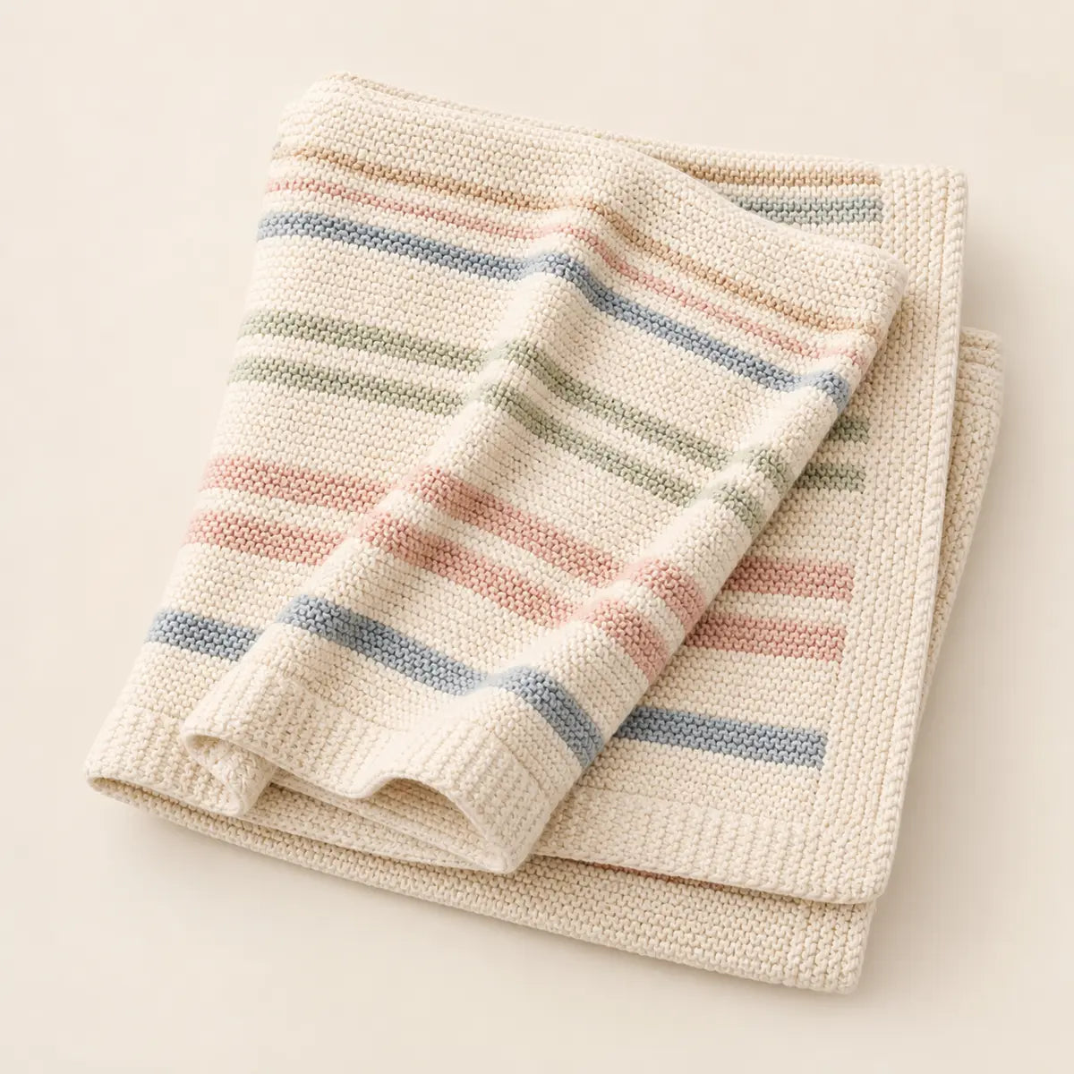 Rainbow Heirloom Knit arranged as a clean baby shower product photo