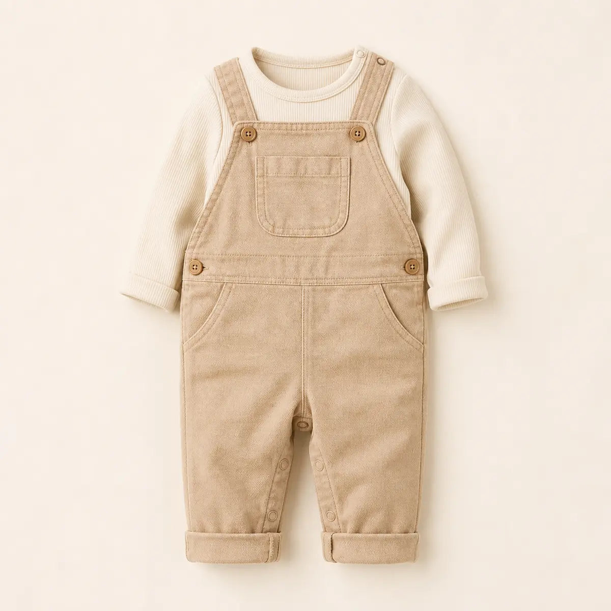 Tiny Explorer Overall Set arranged as a clean baby shower product photo